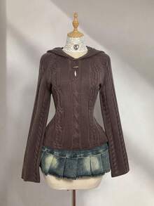 Elamini 女士复古麻花图案休闲百搭高领毛衣，咖啡棕色，冬季 - 咖啡棕 - 查看 3