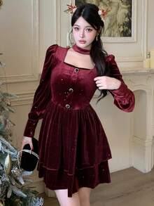 DAZY Vestido corto de mujer elegante de unicolor con cuello cuadrado brillante de plata, forrado térmicamente, para otoño/invierno - Burdeos - Ver 3