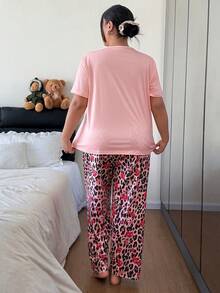 SweetSlumber Plus Size Women Cherry Leopard Print Casual Pajama Set - Multicolor - View 3