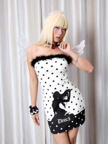 Y2Kool Maria Clara Maia Black & White Polka Dot Contrast Color Sexy Lady Silhouette "Bless" Frayed Y2K Bodycon Dress, Suitable For Autumn/Winter Parties, Holidays, And Daily Wear Emo Dress Strapless Mini Dress Black And White Dress Spring Outfits Women Birthday Outfit For Women Carnival - Black and White - View 4