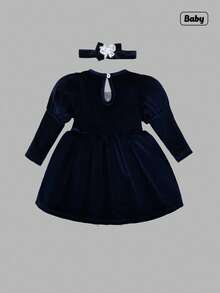 Sweetra Vestido de veludo com manga bufante e babados florais para meninas, com faixa na cabeça, fofo e elegante para o dia a dia, férias, uso casual - Azul marinho - Ver 6