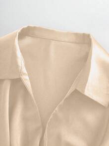 Franclia Women's Shiny Side Ruched Ruffle Collar Blouse, Casual Chic, Minimalist Elegant Style, Suitable For Work Commute - Apricot - View 4