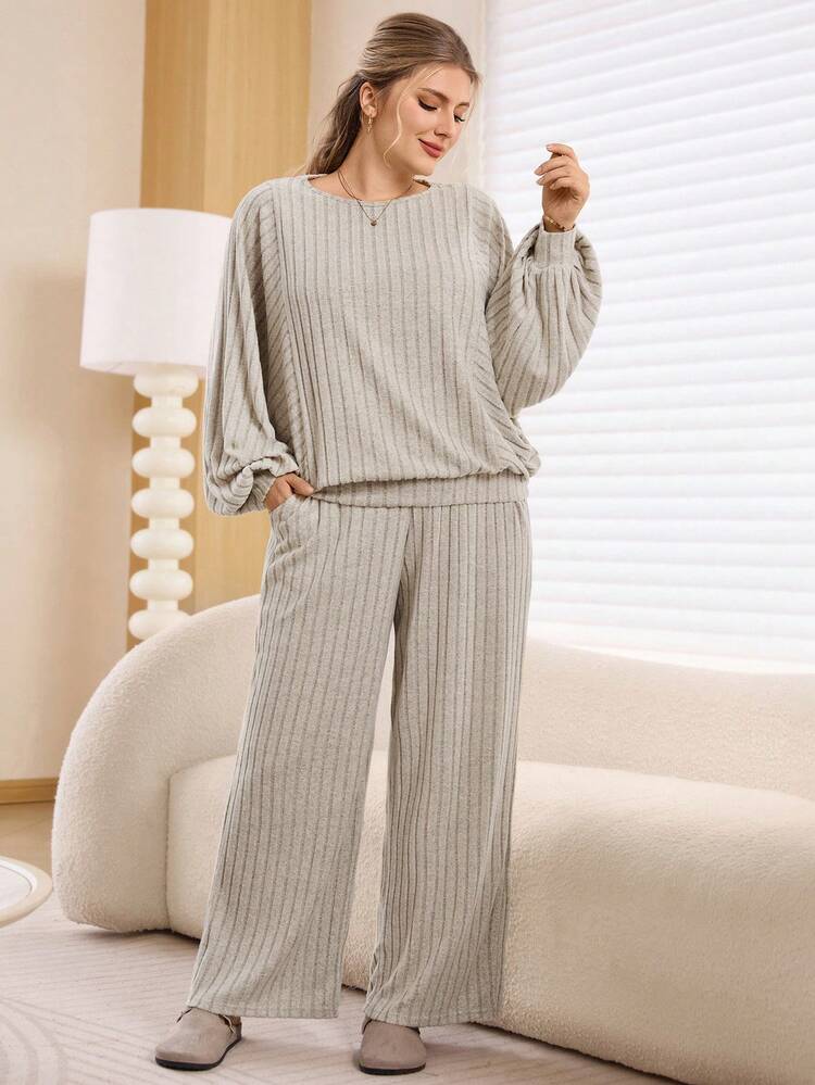 Plus Size Round Neck Lantern Sleeve Loose Ribbed 2 Pieces Set Winter Outfit For Women Christmas Outfit For Women New Year Clothes Woman Lounge Sets Lounge Sets Woman  Professional Clothes Women Sets Valentine's Day, Mother Clothing, Comfortable And Casual Two Piece Set Women Comfy Comfortable Two Piece Set Spring Break Outfits