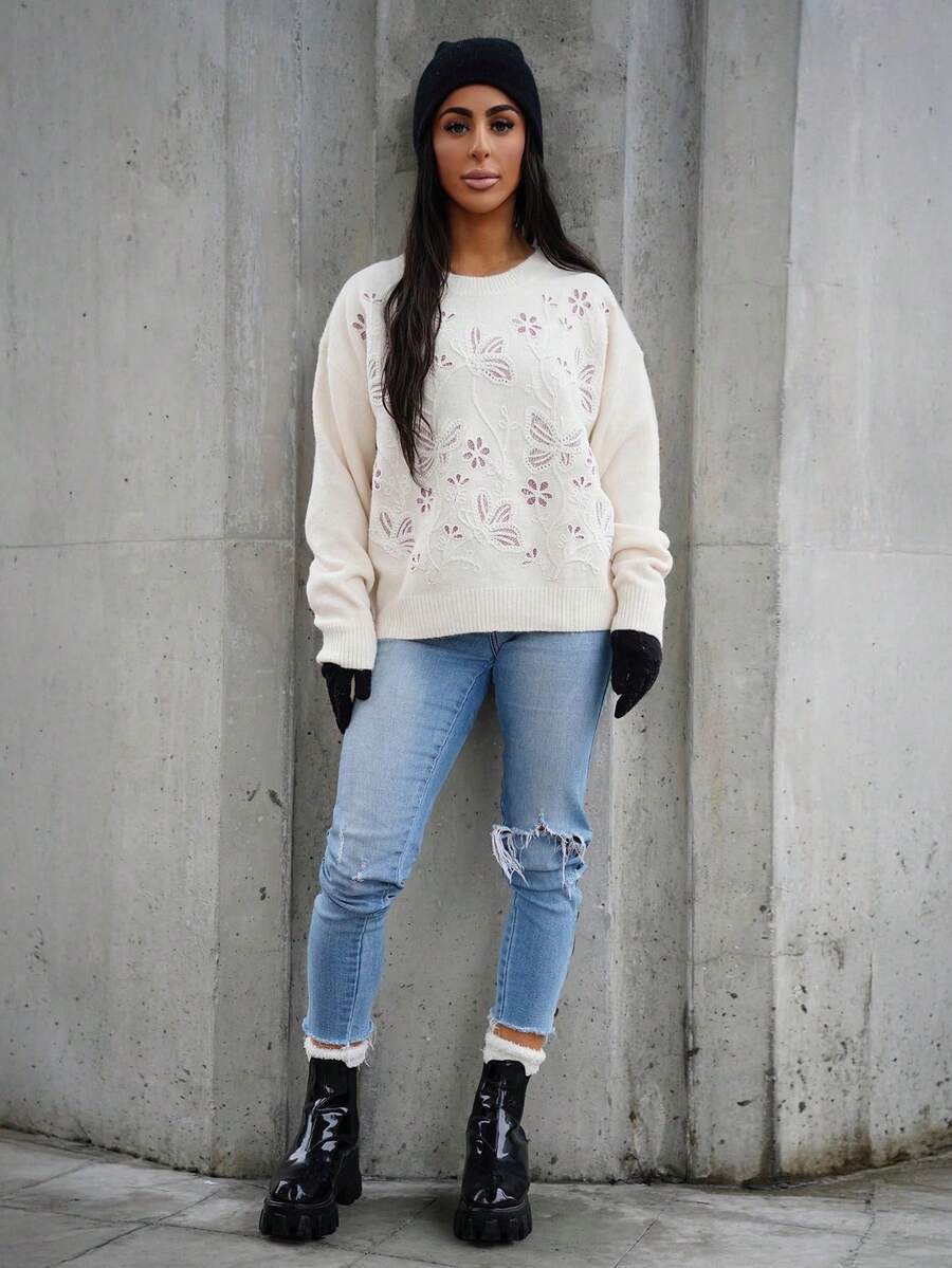 SAYEHFBABY Women's Floral Embroidery Round Neck Drop Shoulder Long Sleeve Fashion Sweater In Fall/Winter