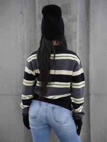 SAYEHFBABY Women's Casual Striped Turtleneck Sweater, Autumn - Grey - View 2