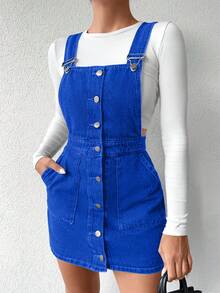 Women's Solid Color Front Button Fashionable Denim Jumpsuit Dress - Royal Blue - View 4