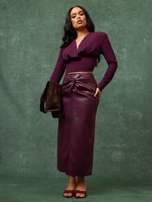 Vixey 仿皮弹力PU扭结前中长裙 - 酒紅色 - 查看 4