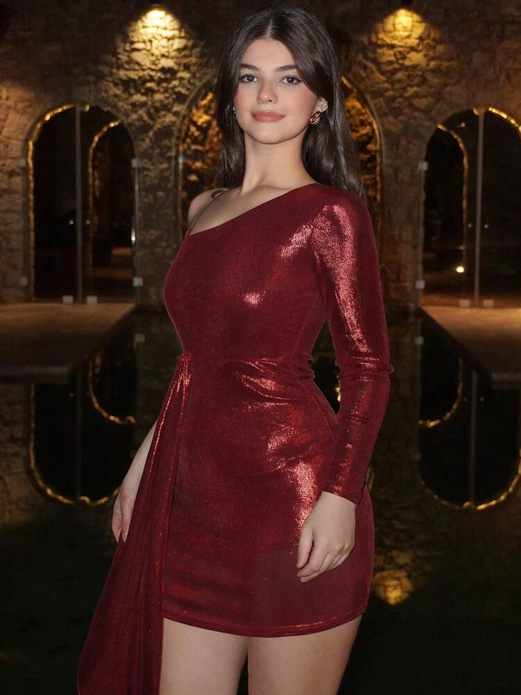 Asymmetric Shoulder Sexy Bodycon Mid-Length Dress For Women,New Year,Christmas