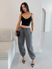 Shopreo Washed Drawstring Waist Joggers Spring Vacation Casual Airport Summer Active Graduation, Teacher Outfits For Women, Back To School Fall, Autumn, Winter Christmas - Dark Grey - View 6