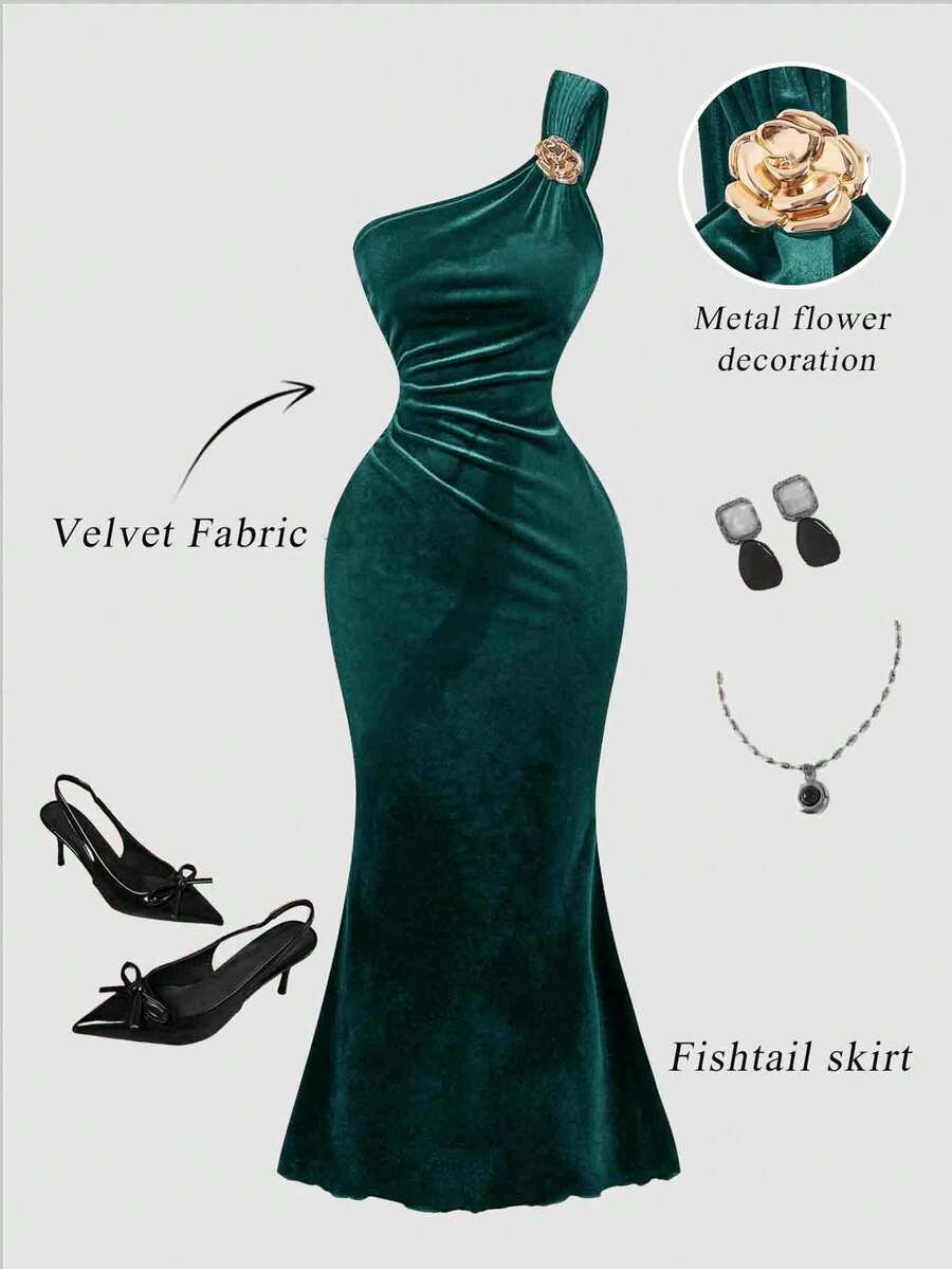SHEIN MOD 大码复古优雅女士单肩金属扣长裙，天鹅绒美人鱼连衣裙，酒红色，冬季连衣裙 - 墨綠色 - 查看 1