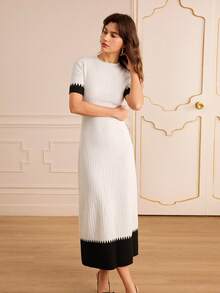 Lilora Vestido de punto de manga corta ajustado con bloqueo de color elegante, conjunto de ropa sofisticada y elegante para mujer de otoño/invierno a primavera/verano - Blanco y Negro - Ver 6
