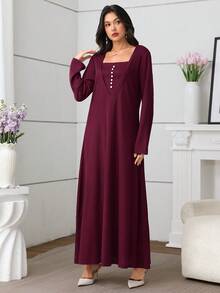 SHEIN Najma Square Neck Button Decor Long Sleeve Knit Dress For Women - Red Violet - View 3