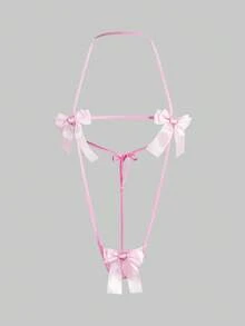 ROMWE Kawaii 大码可爱性感爱心水钻蝴蝶结连体衣 - 粉色 - 查看 1