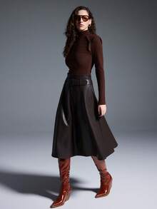 MYSTAURA 女士百搭纯色立领T恤，适合通勤穿着 - 棕色 - 查看 3