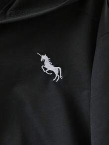 SHEIN PETITE CURVE Conjunto de 2 piezas de sudadera con capucha con cremallera y pantalones con bordado de unicornio, estilo casual de talla grande para otoño - Negro - Ver 3