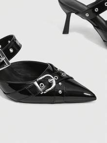 CUCCOO SZL Women's Pointed Toe Stiletto Heel Backless Pumps With Metal Buckle Decor Valentine's Day - Black - View 8