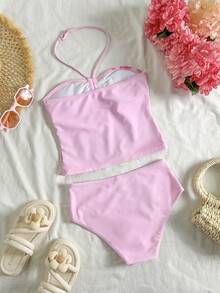SHEIN 少女款吊带比基尼泳衣，细肩带比基尼上衣，时尚多彩夏季休闲泳装 - 粉色 - 查看 2