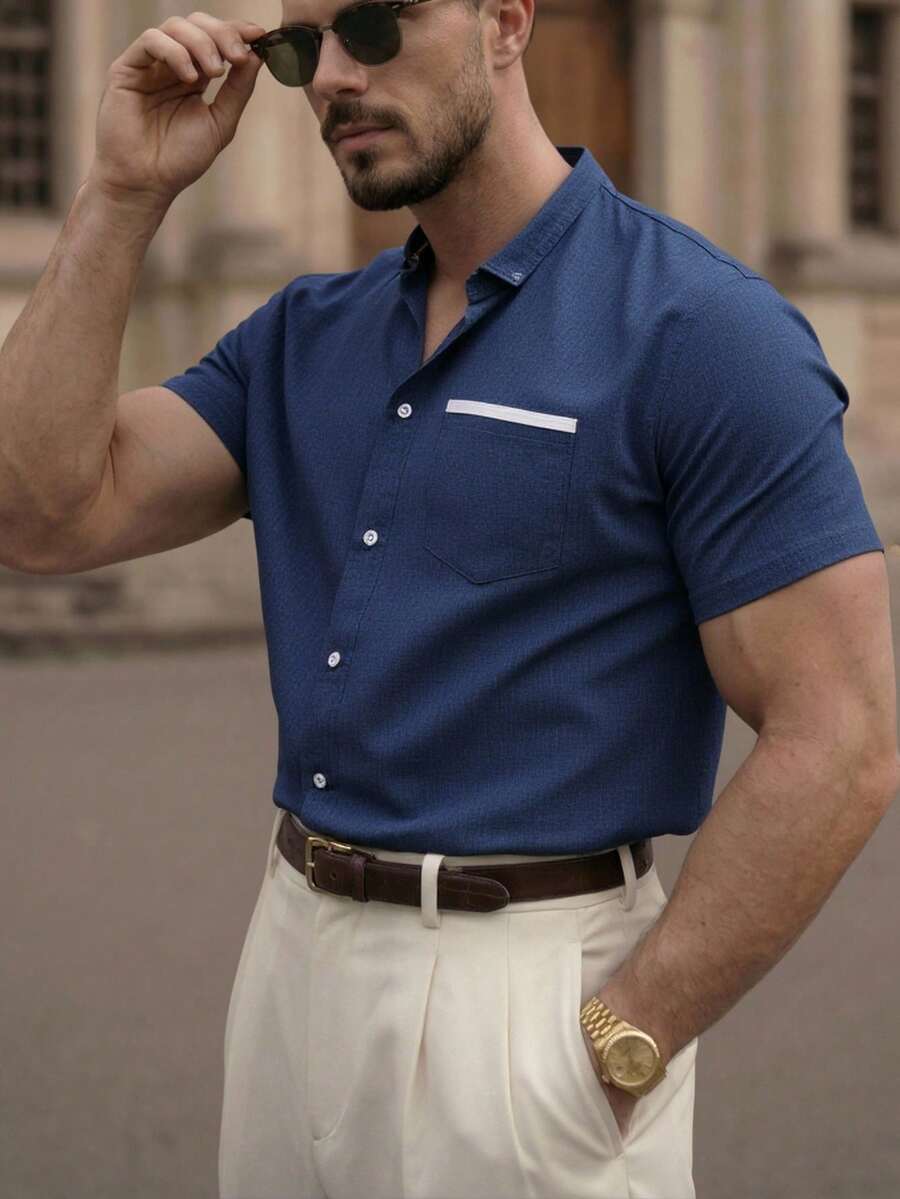 HIMLAND قميص جيب مرقع أزرار علوية للرجال