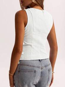 SHEIN BAE 女式纯色侧系腰圆领无袖休闲上衣 - 白色 - 查看 2