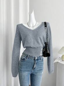 Celisse Áo len dài tay cổ chữ V trễ vai màu trơn, thắt eo cho nữ, thời trang thu đông - Màu xanh bụi bặm - Xem 5