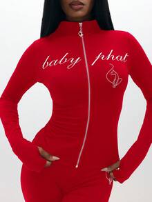 BABYPHAT Long Sleeve Zip Up Top With Script Print And Thumb Holes For Women Casual Streetwear - Red - View 5