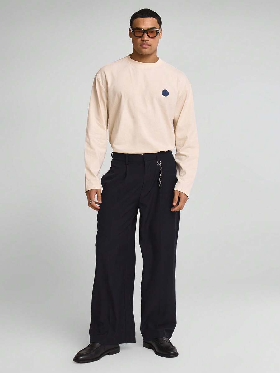 Musero 宽松褶裥梭织长裤，时尚腰带环饰以链条，春夏款 - 藏蓝色 - 查看 1