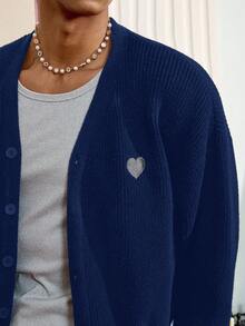SWAVVY Cárdigan de manga larga con cuello en V, abotonado, con bordado de corazón para hombre - azul real - Ver 5