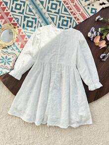 SHEIN 1pc Young Girls' Round Neck Ribbon Trim Long Sleeve Casual Elegant White French Style Mini Dress, Suitable For Spring/Autumn Everyday Wear Or Travel - White - View 2