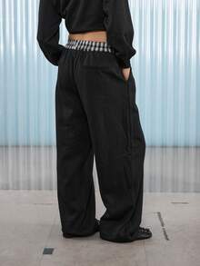 COUREZ Low Rise Tailored Joggers With Contrasting Nylon Waistband /Y2K Spring For Women Grey Pants Going Out Streetwear Casual Baggy Pants Women Sweatpants - Black - View 3