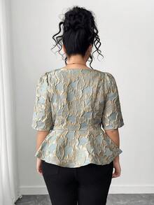 Elenzga Plus Size Women Vintage Elegant Jacquard Jacquard Square Neck Metal Button Decor A-Line Shirt With Side Slit, Suitable For Spring/Summer - Green - View 2