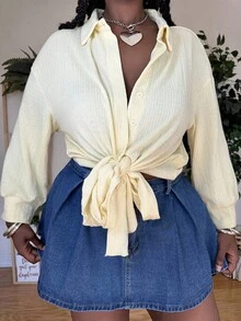 Truni SHEINLUNE Damen Hemd mit Strickmanschetten in Große Größen, Old Money-Stil, Sommeroutfit für Frauen, 90er-Jahre-Kleidung, Outfits für den Frühlingsurlaub, Ibiza-Passform, Strandoutfits für Frauen/ Sommer Boho Old Money Sommeroutfits für Frauen Frühlingsurlaub Rave-Outfits Festival Frühlingsurlaub-Outfits - Gelb - Übersicht 6