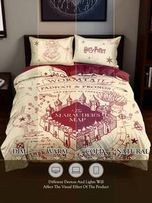 HARRY POTTER X SHEIN 3 Pc The Marauder's Map Print Three Pieces Duvet Cover Set, Made Of Brushed Fabric, Soft And Warm, Red Duvet Cover, Available In Multiple Sizes, Suitable For Single Beds/Double Beds/King Beds/Extra King Beds, Back To School - Off-white - View 8