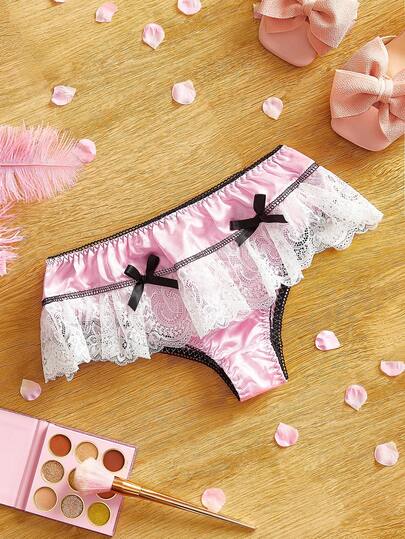 Girls' Satin Lace Bow Contrast Color Sweet Cute Panties