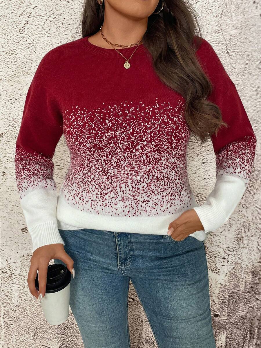 SHEIN 女士秋冬新款渐变色修身圆领套头毛衣,日常通勤皆宜。 - 酒紅色 - 查看 1
