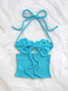 Soleia Pearl Shell Halter Backless Tie Neck Fitted Camisole, Bohemian, Boho, Vacation, Beach, Cruise, Summer - Blue - View 2