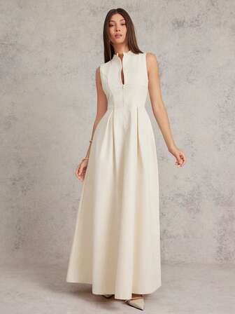 L'Amorae 女式宽裙前拉链无袖中长连衣裙，略有弹性