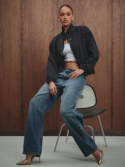 Hauture Women's Polka Dot Zipper Front Fashionable Versatile Long Sleeve Jacket