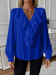 EMERY ROSE Ruffle Trim Lantern Sleeve Blouse Women Shirt - Blue - View 6