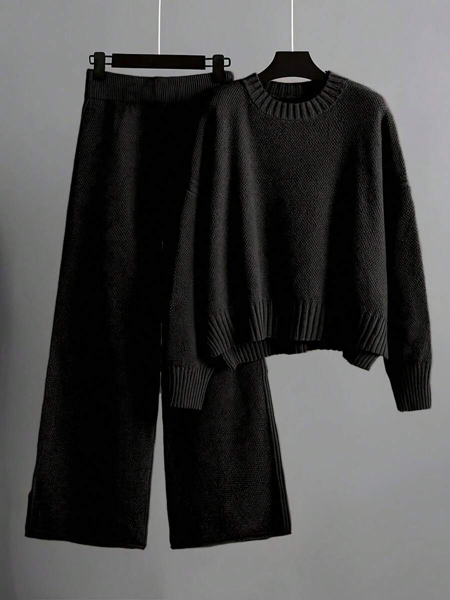 Franclia Set 2pcs/Set Warna Polos, Atasan Sweater Lengan Panjang Kerah Bulat dan Celana Panjang Lebar, Set Rajut Kasual - Hitam - View 1