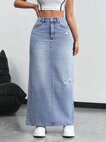 SHEIN Tall Falda vaquera larga casual desgastada y desgastada para mujer - Azul - Ver 1