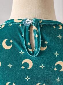 Glamorique Kids Vestido formal de princesa de estilo bohemio para niña bebé, de terciopelo verde oscuro con estampado de estrellas y lunas - Verde Oscuro - Ver 5