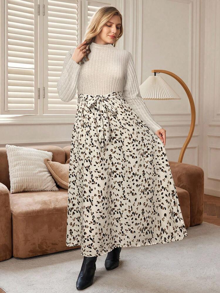 Plus Size Women's Casual Vacation Style Polka Dot Print Drawstring Waist Dress, Spring/Autumn Winter Clothes For Women Winter Dress  Casual Dress For Women  Floral Dress  New Year Dress Women's New Year's Eve Dresses Christmas Party Dress Turtle Neck Dress Elegant Dresses For Women Elegant Dresses Elegant Dress For Women Elegant Dress For Women Birthday Dress New Year Dress
