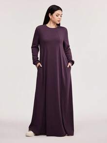 Veilorie 女士休闲纯色阿拉伯风格长款连衣裙，春秋季款，端庄长袖，适合海滩/休闲/度假/居家/日常穿着，冬季长款休闲连衣裙 - 紫色 - 查看 1