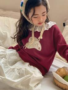 DAZY 女童圆领荷叶边卡通休闲长袖时尚花卉边饰卫衣 - 紅色 - 查看 6