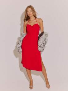 Aralina Lightweight Smooth Knit Fabric Spaghetti Strap Ruched Bust Slim Fit Midi Silhouette Summer Dresses For Women Sexy Vacation Dress - Red - View 7