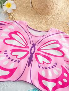 SHEIN 一件式女婴可爱夏季百搭粉色蝴蝶图案泳衣罩衫，适合度假和玩耍，适合春夏季节 - 粉色 - 查看 3