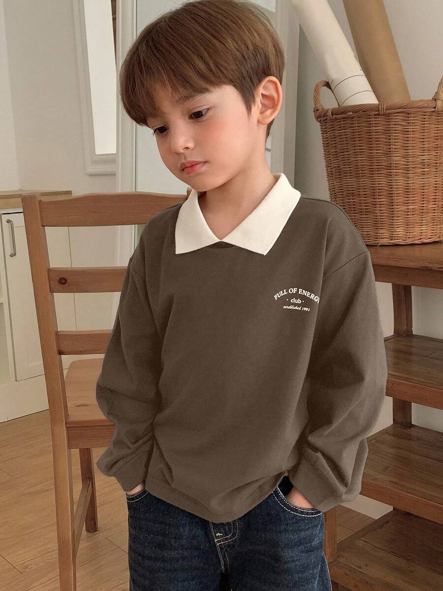 DAZY 儿童秋季服装，男童休闲修身字母印花T恤，日系/自然风格，秋冬季 - 棕色 - 查看 1