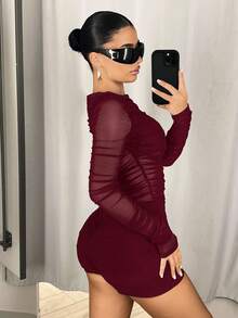 SHEIN ICON 网眼褶皱拼接长袖连体衣 - 酒紅色 - 查看 6