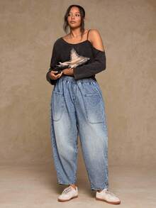 Freevana Plus Size Women Casual Loose Pocket Elastic Waist Jeans,Plus Size Tapered Denim Pants,Loose Fit Tapered Jeans,Heavy Wash Denim Pants,Large Pocket Denim Pants,Vintage Wash Denim Pants,All-Season Casual Tapered Pants,Home Casual Denim Pants,Everyday Versatile Denim Pants,Old Money Style Tapered Jeans,Outdoor Casual Denim Pants,Comfortable Loose Denim Pants,Work-Friendly Denim Pants,Four Seasons Denim Pants,Loose Fit Lantern Jeans,Mom Style Jeans,Valentine's Day - Black - View 6