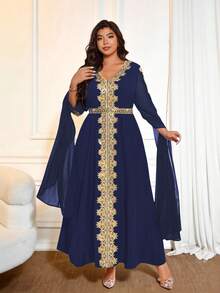 Cravure Plus Size Women's Style Patchwork Extra Long Sleeve Robe, Women's Solid Lace Trim Robe Gown - Navy Blue - View 4
